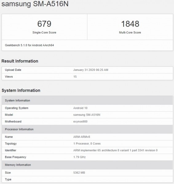 GeekBench数据库现三星新机Galaxy A51 5G跑分:搭载猎户座980处理器